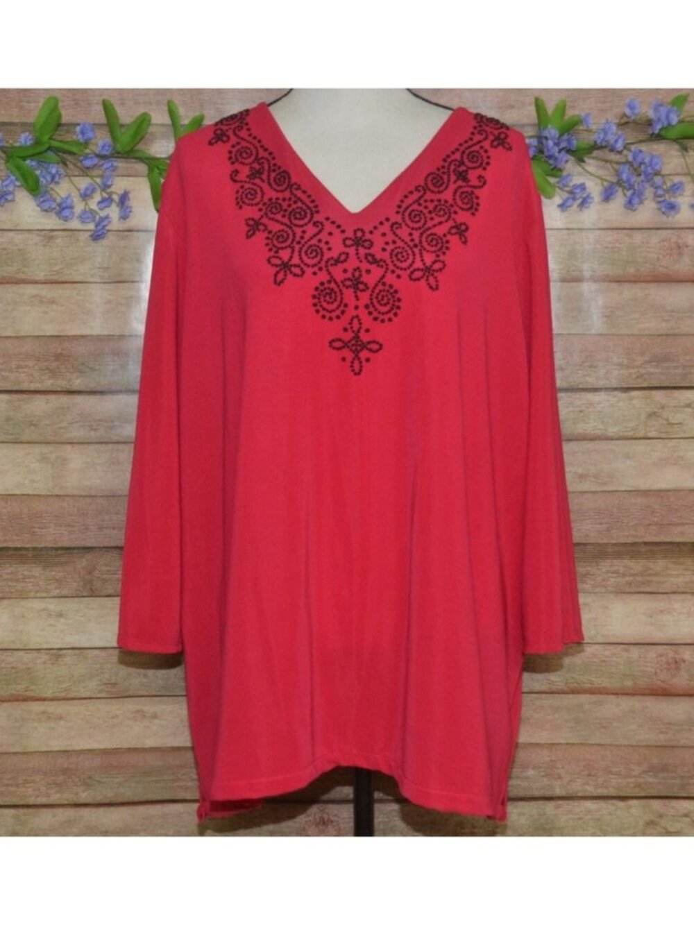 Susan Graver Women's Red Beaded 3/4 Sleeve V-Neck Blouse Top Plus Size 3X